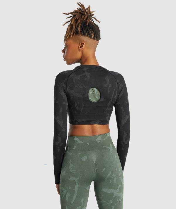 Damske Crop Top Gymshark Adapt Camo Seamless Long Sleeve Čierne | MY6023458